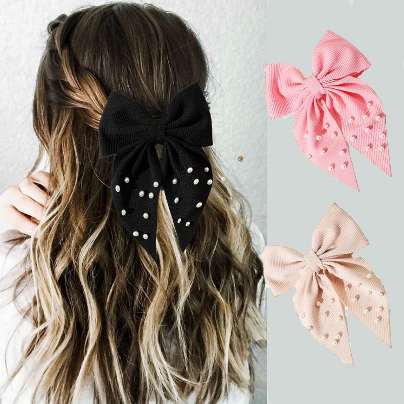 Handmade Fabric Hair Clip With Pearl Bow Ribbon Women Retro Style Back Of Head Accessory