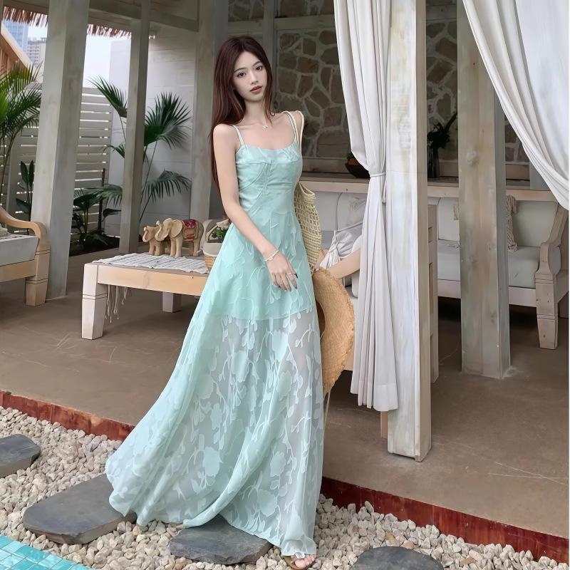 Seaside Resort Floral Print Camisole Dress: Elegant Waist-Cinching Summer Long Dress for Women