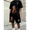 New Men's Summer Cartoon Character Letter Print Soft and Breathable Round Neck T-shirt Drawstring Shorts Set Outdoor Streetwear