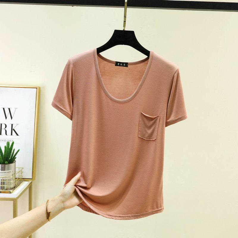 Women's U Neck T-Shirt 2026 Summer Modal Basic Short Sleeve Tshirts Loose Fit Relaxed Casual Tee Tops Solid Pocket Tees