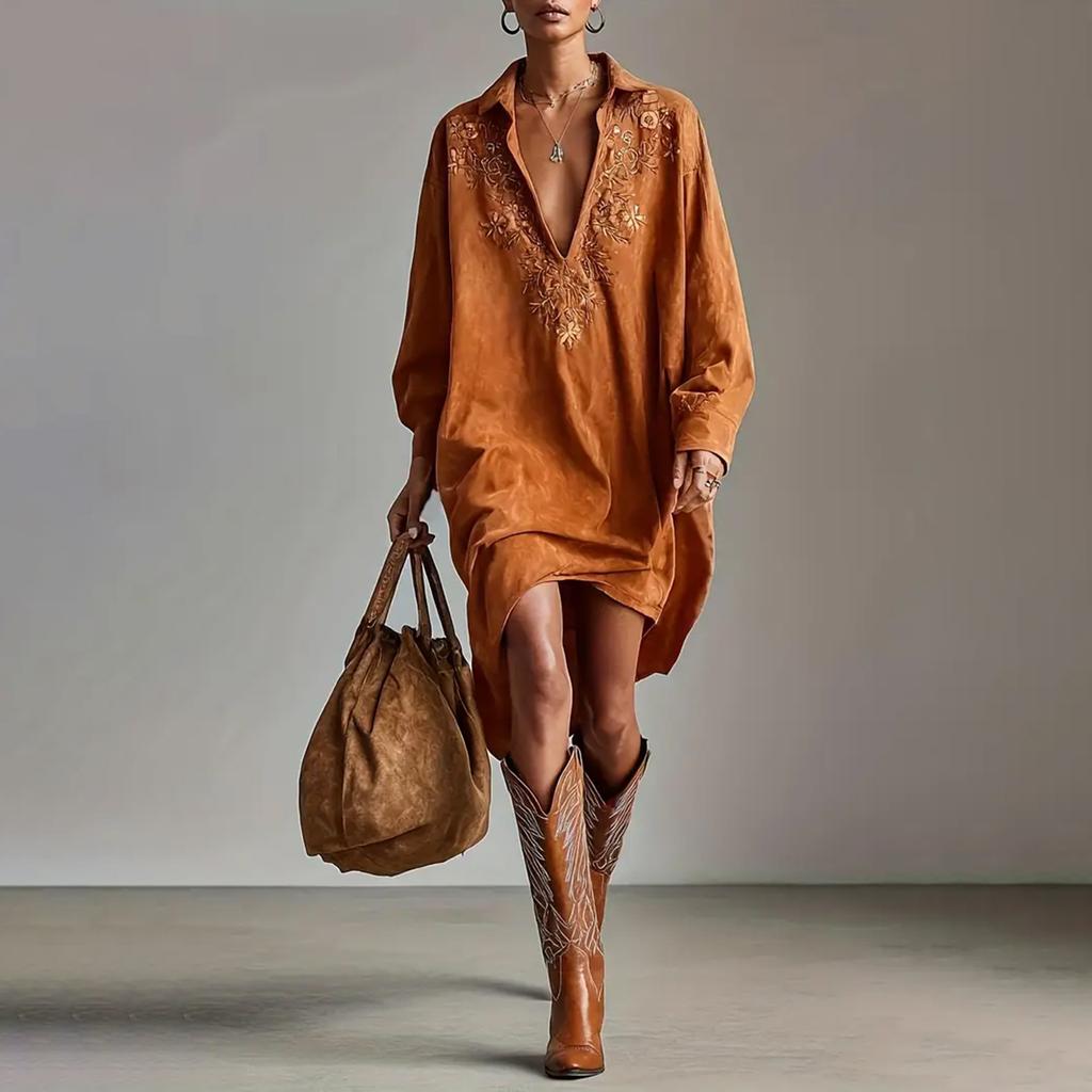 Women's Long Sleeved Casual Retro Loose V-neck Suede Like Dress