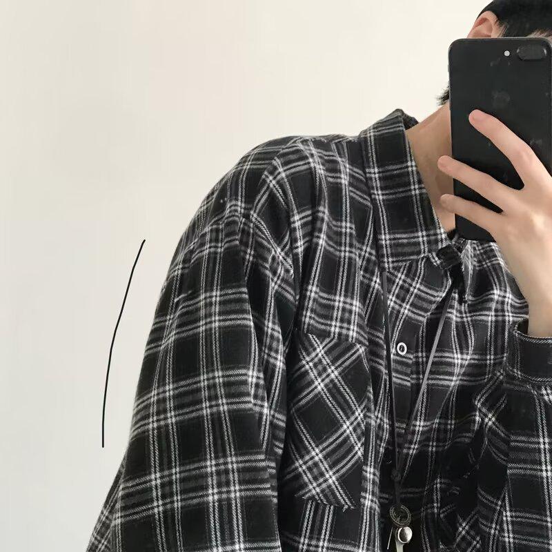 Spring Men's Retro Loose Plaid Hoodie Long Sleeve Shirt - Korean & Hong Kong Style