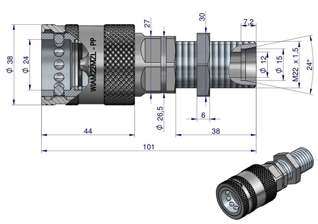 Szybkozłącze Hydrauliczne Gniazdo Long M22X1.5 Gwint Zewnętrzny Euro Push-Pull (9100822Gl) (Iso 7241-A) Waryński