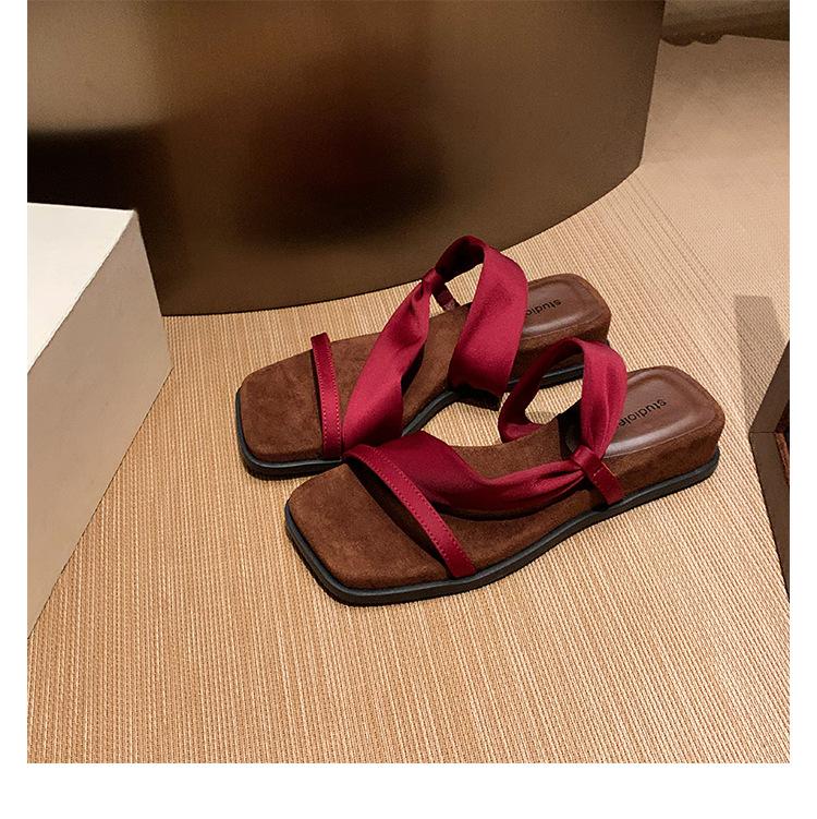 

Sheepskin~ Grape mother height increase 4cm temperament square head wrap with sandals slope heel thick-soled slippers women s summer wear sandals 34