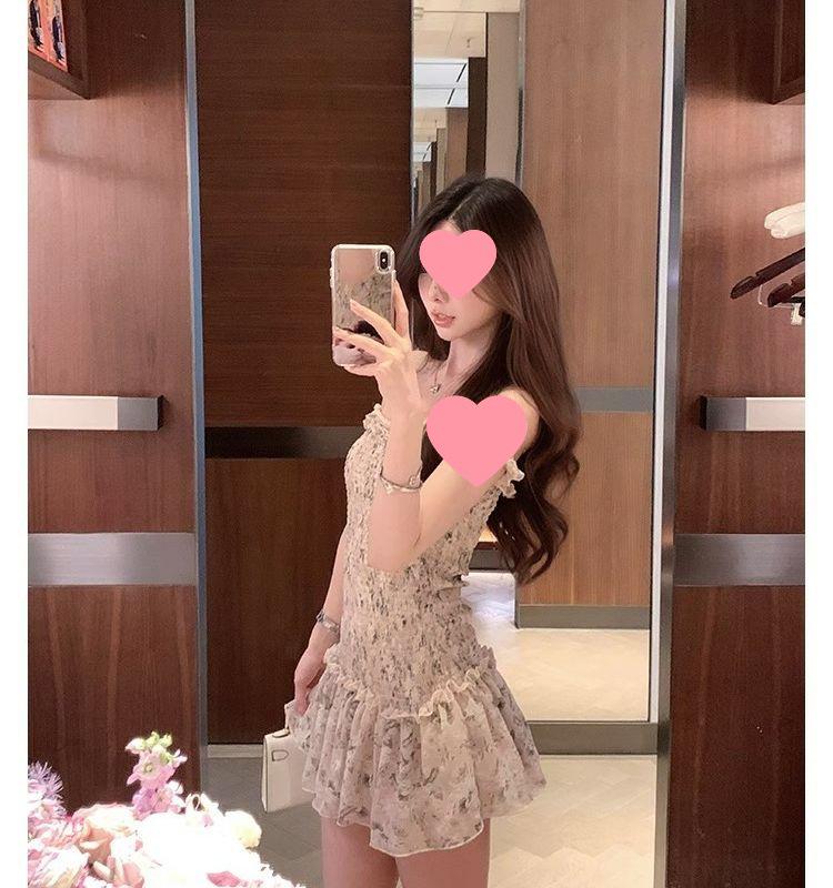 Waist-Cinching 2026 Floral One-Shoulder Short Dress with Elastic Waist - New Summer Style for Women