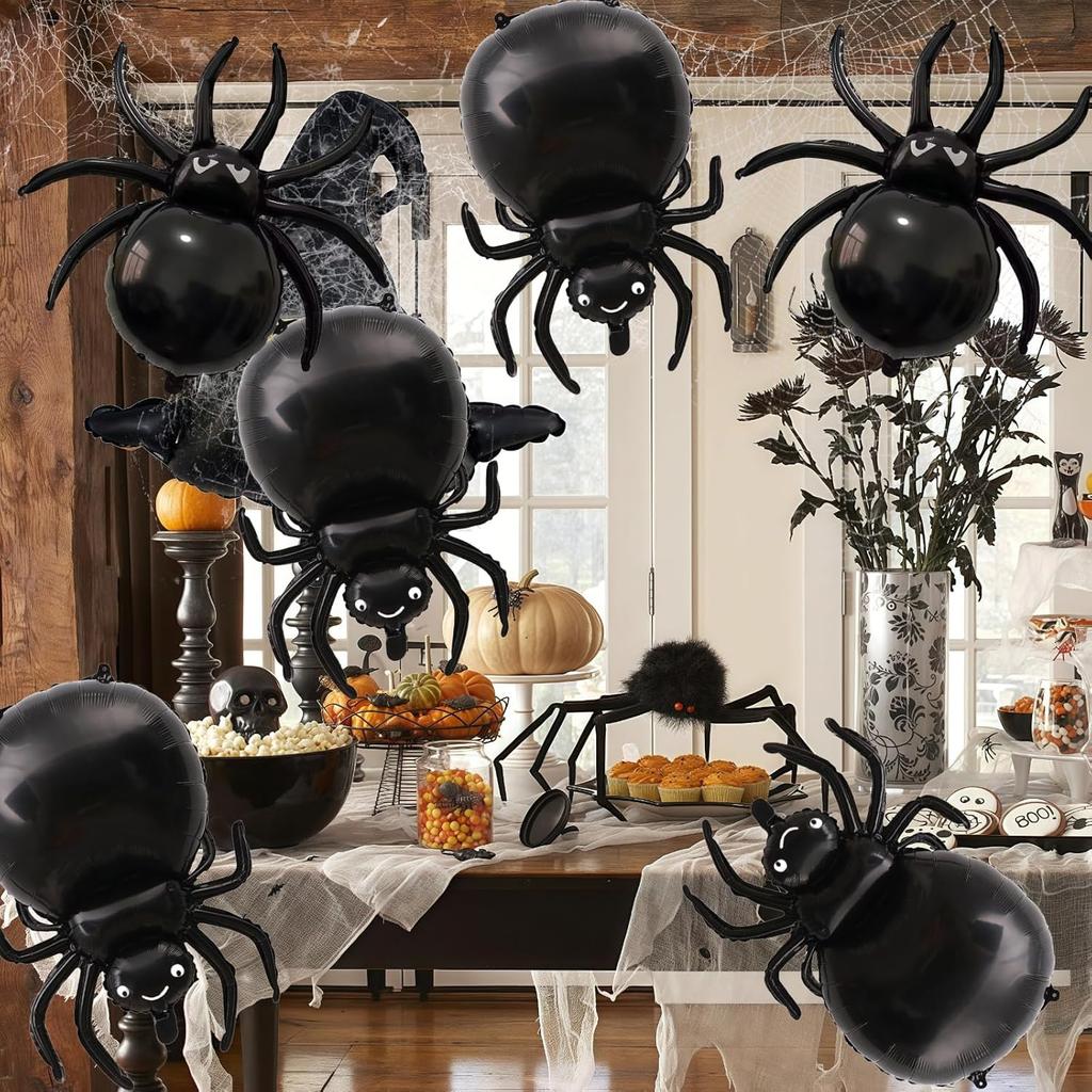 6 pcs Black Spider Aluminum Foil Mylar Balloons Halloween Party Birthday Haunted House Ghost Spooky Theme Decoration Supplies