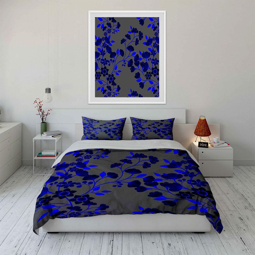 Cobalt Blue Twig Floral Duvet Cover Set, Gray Chinese Porcelain Style Bedding Includes 1 Duvet Cover And 2 Pillowcase, Gift
