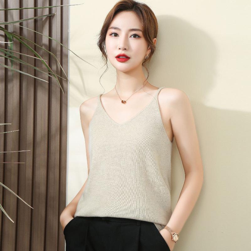 

Женский трикотажный топ без рукавов с V-образным вырезом из 100% чистого кашемира - Идеально для многослойности осенью/зимой One Size