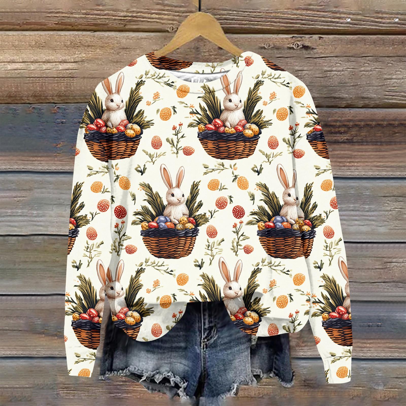 Женская мода Пасха Печатный Длинный рукав Свободный круглый вырез Толстовка Топ L бежевый 1687₽