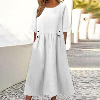 Women Dress Loose Fit Mid Length Double Pockets Button Decoration Round Neck Short Sleeve Boho Style Summer Dress Workwear