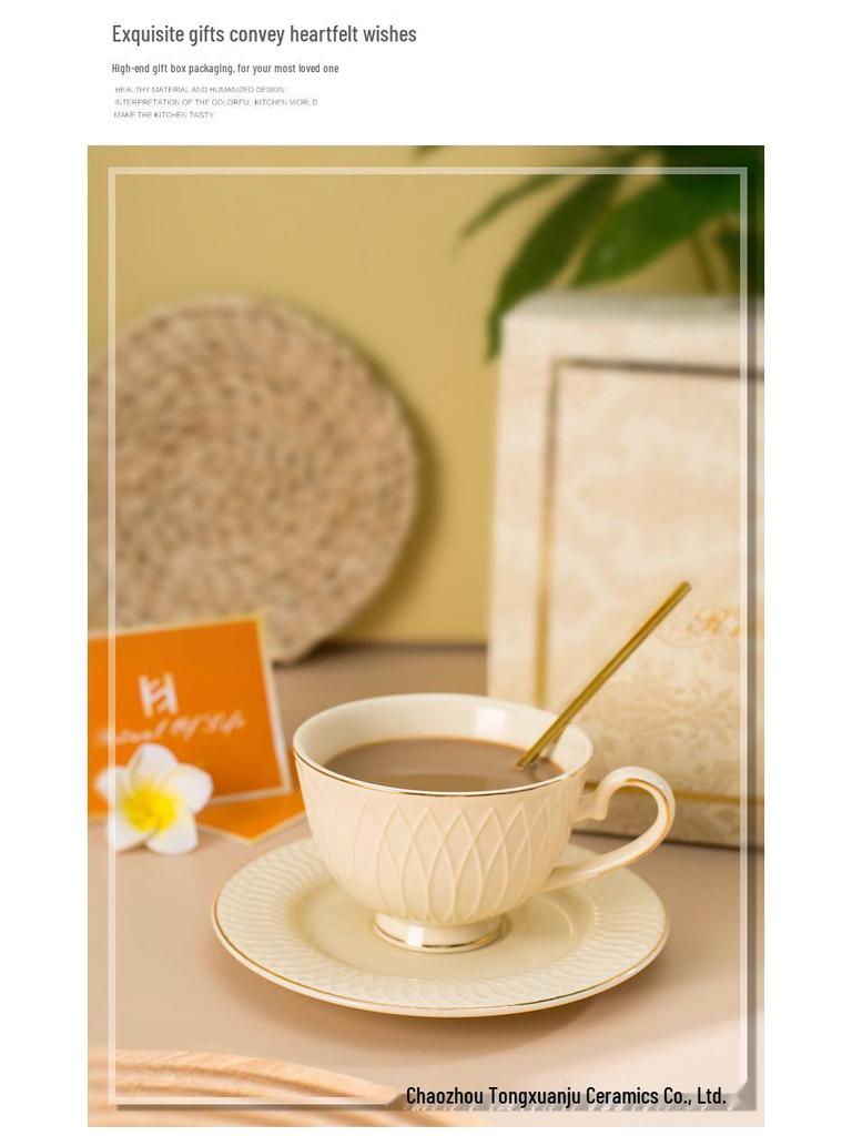 Elegant European Embossed Ceramic Coffee Cup & Saucer - Luxurious Afternoon Tea Souvenir