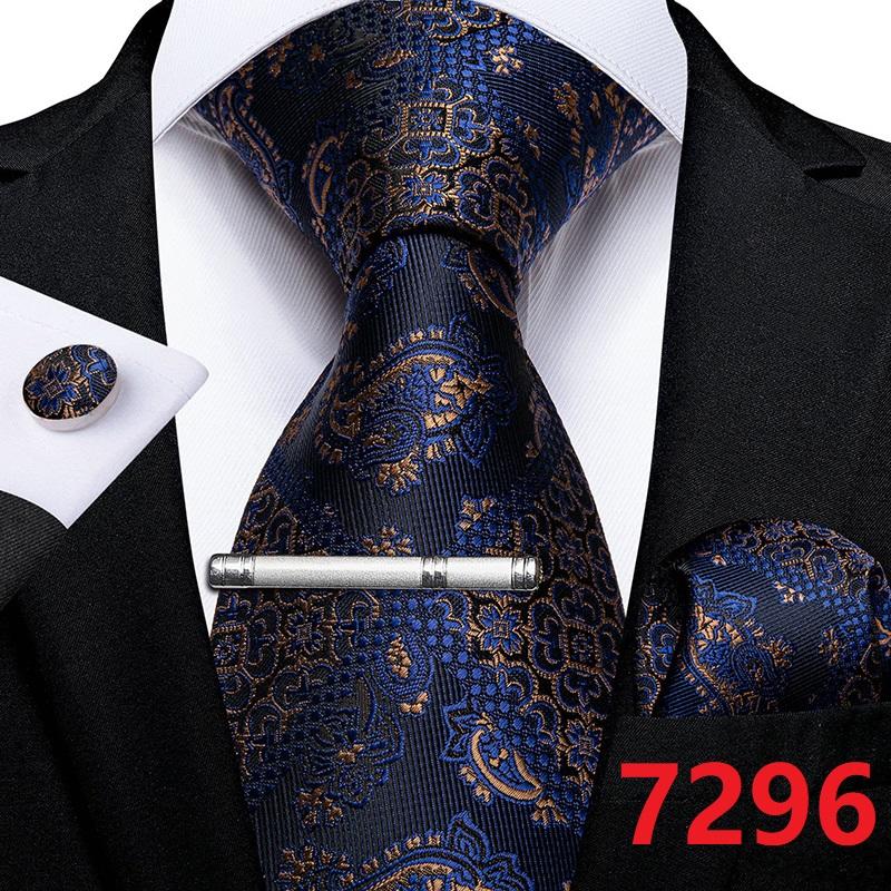 Luxury Blue Paisley Silk Tie Set For Men Floral Men's Wedding Neck Tie Pocket Square Cufflinks Tie Clips Men's Gift