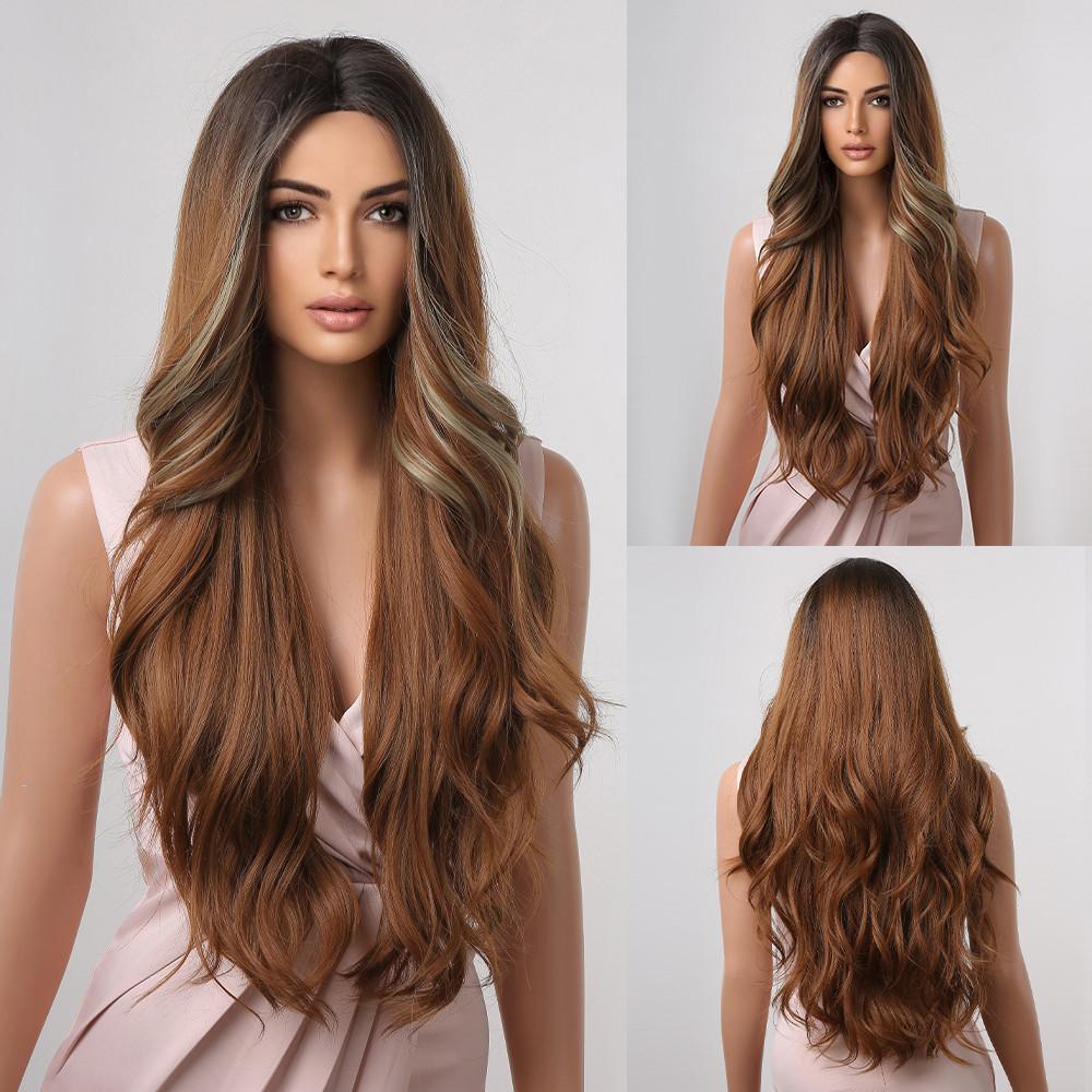 

AlAN EATON OMbre Коричневые блондинки Смешанные парики с челкой Длинные вьющиеся волнистые синтетические парики для женщин Парики из термостойкого волокна Повседневная вечеринка Косплей