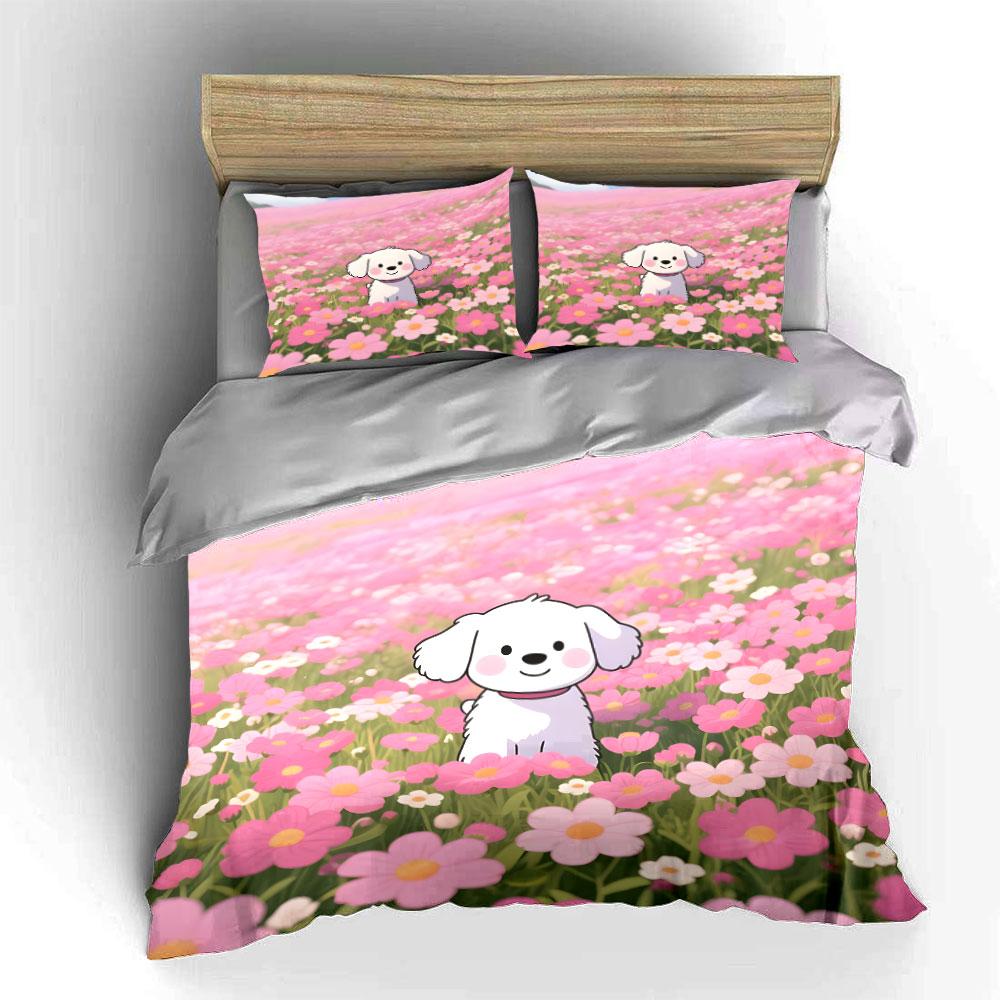 "Adorable Puppy In Flower Meadow" Exquisite Three-piece Bedding Set Gift for Kids and Adults
