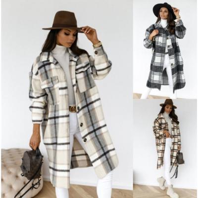 Women's Fall and Winter Mid-Long Long Sleeved Plaid Printed Jacket