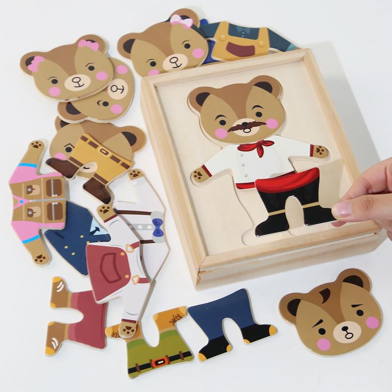 Holz Kinder Bär Dress Up Puzzle Spiel Übung Feine Bewegungen Spiel Frühe Bildung Pädagogisches Spielzeug