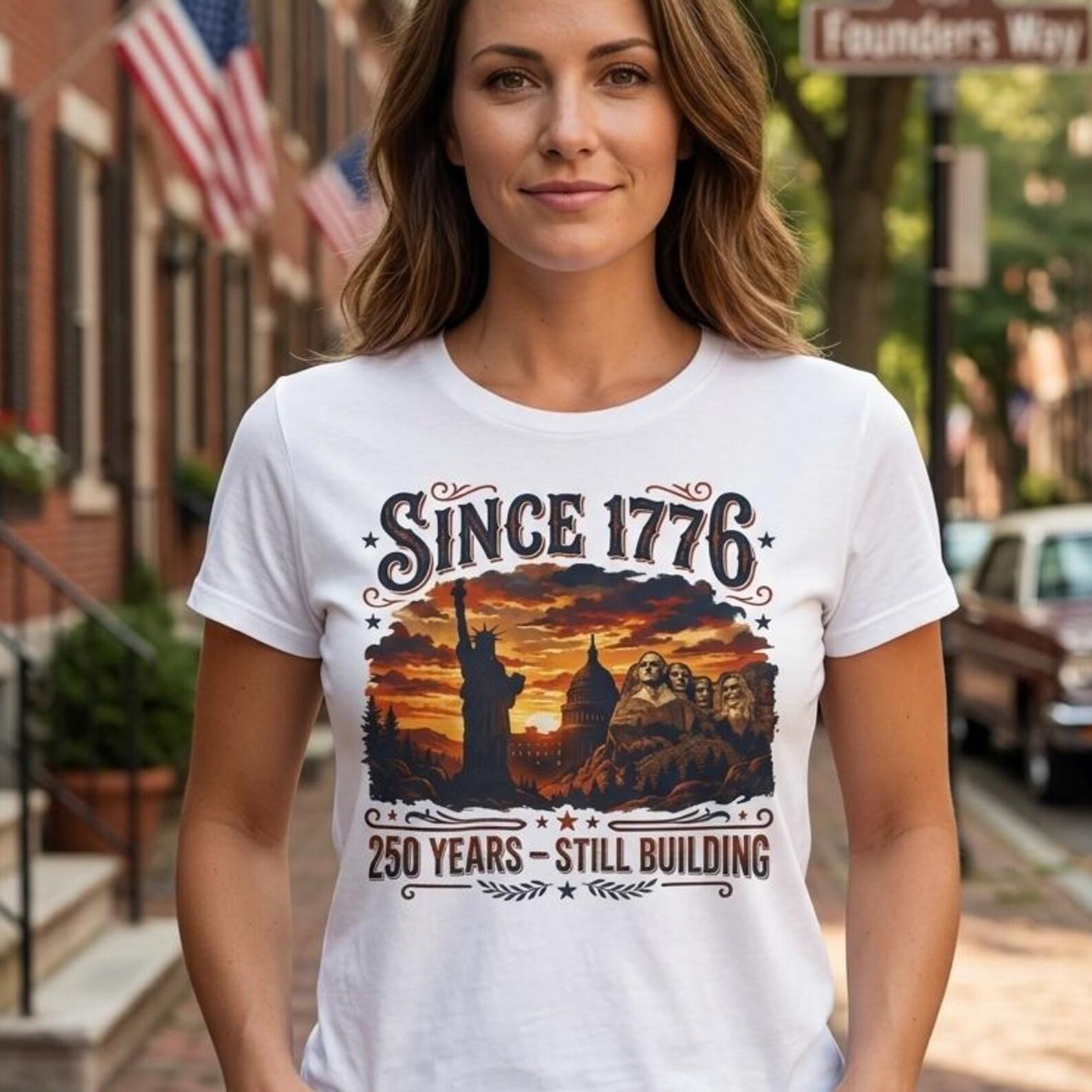 Since 1776 USA 250 Years Patriotic Graphic Tee Statue of Liberty Mount Rushmore M