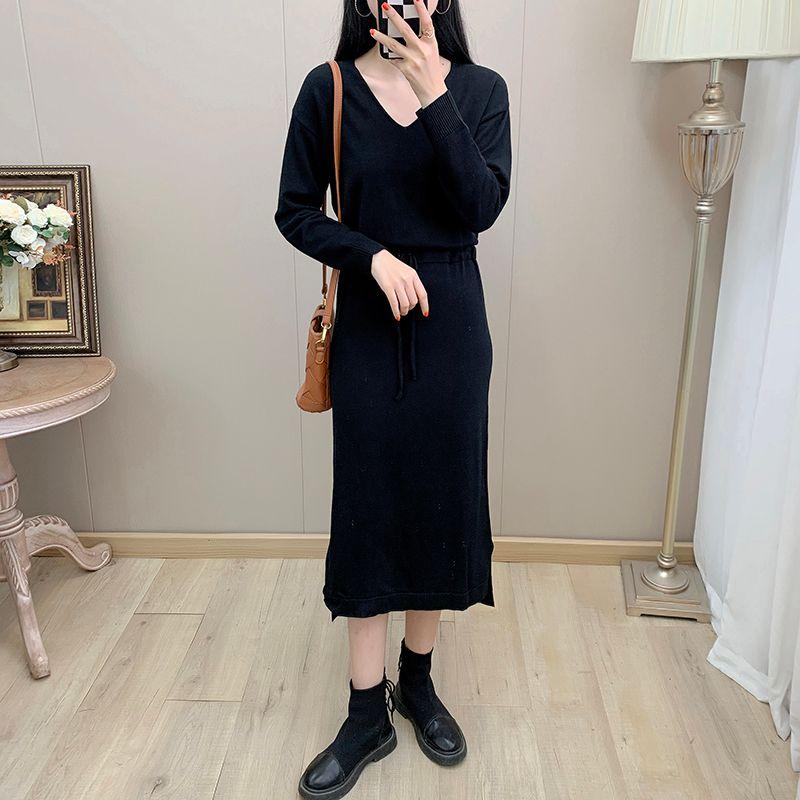 

Sunshine Home Spring French style Knitted dress Women s Long Sleeve Graceful Mid-Length Dress Drawstring Lace-up Waist-Controlled Skirt Black Bust size 94-100
