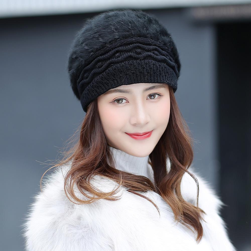 Women's Winter Rabbit Fur Knitted Beret - Warm, Velvet-Lined Korean Style