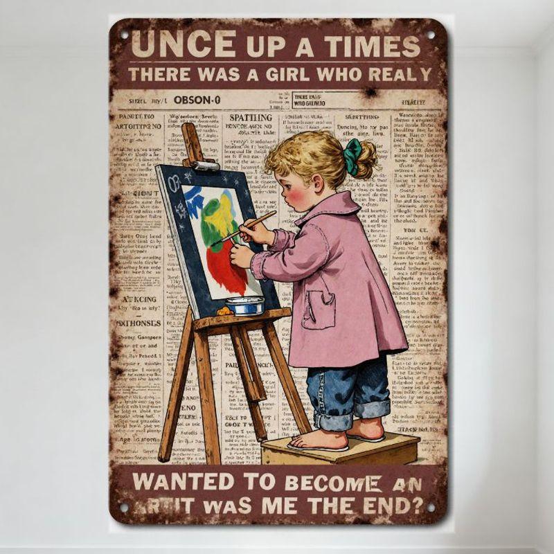 

Vintage Once Upon a Time Girl Painting Art Newspaper Background Metal Tin Sign Retro Children s Art Wall Decor for Home Club Caf 20x30cm（7.8x11.8inch）