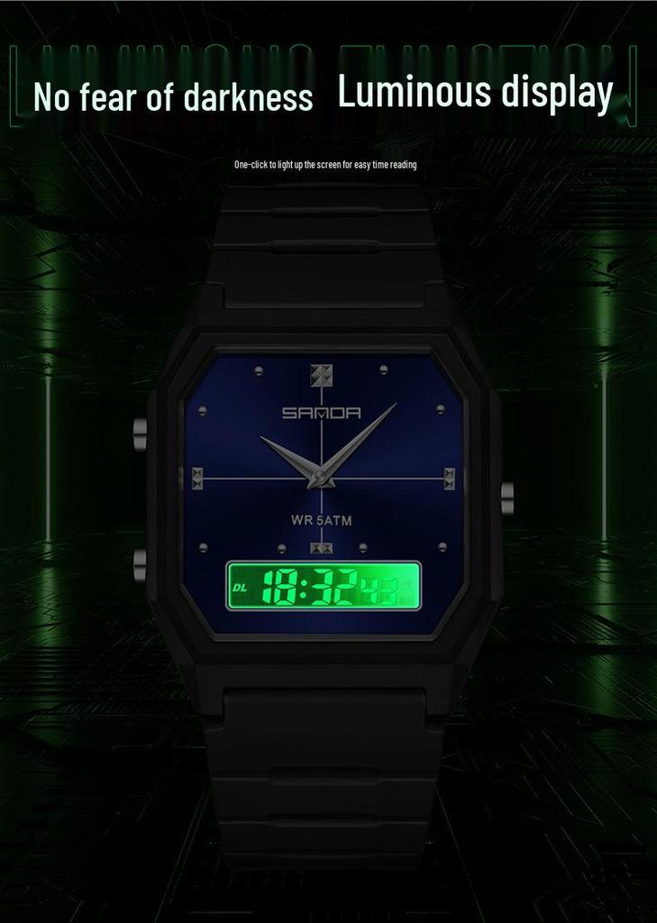 Sanda TEMU Men's Sports Watch: Hot-Selling, Waterproof, Luminous, Thin Square Design, Dual Display, Three Time Zones.