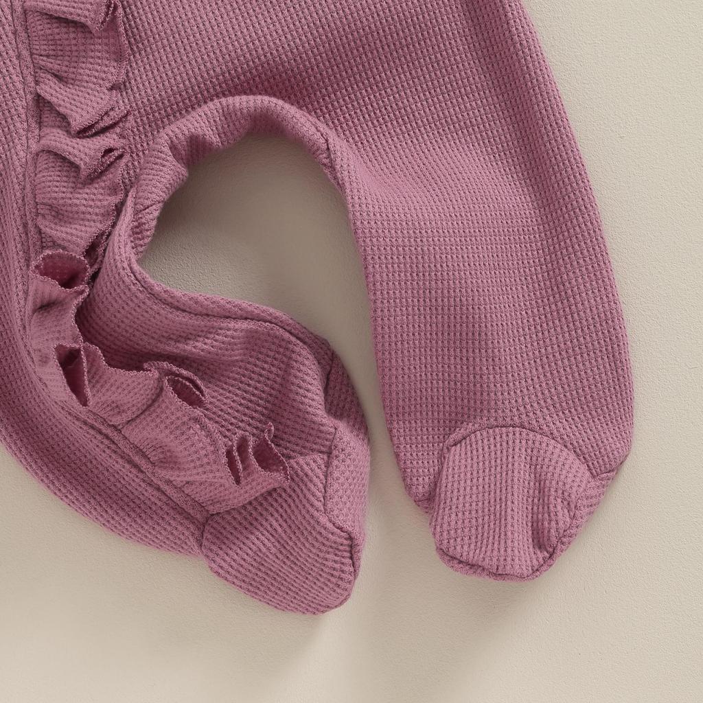 Footies för spädbarnsflickor 3M 6M 12M Enfärgade krusiduller Rundhals Långärmad Baby Jumpsuits Nyfödda Kläder Bodysuits med pannband
