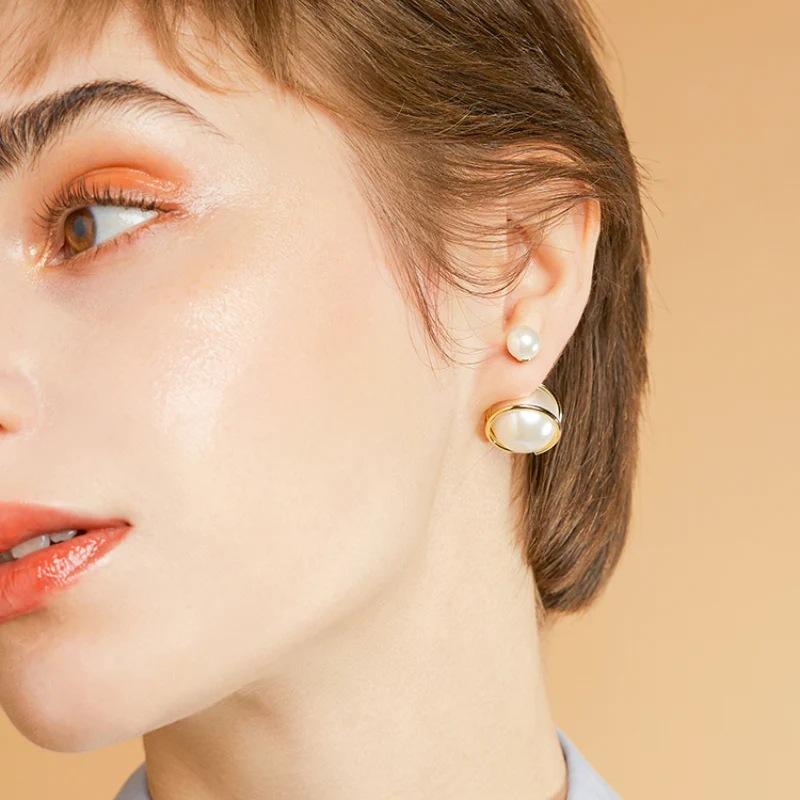 Niche Design Sense Of Simple Size Pearl Earrings Stud Earrings Irregular Strip Circle Pearl Earrings