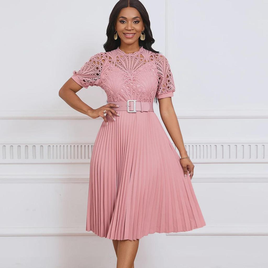 2024 Women's Short-Sleeve Lace-Pleated Dress - European/American Style