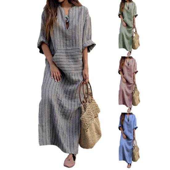 Damen Sommer Boho Gestreiftes Baumwoll-Leinenkleid Lässig Kurzarm Strand Maxikleid mit Vordertasche