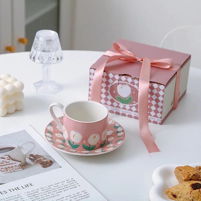 Tulip Ceramic Coffee Cup Tea Juice Breakfast Mug Flower Shaped Afternoon Milk Cup with Saucer Drinking Water Cups.for Home Party