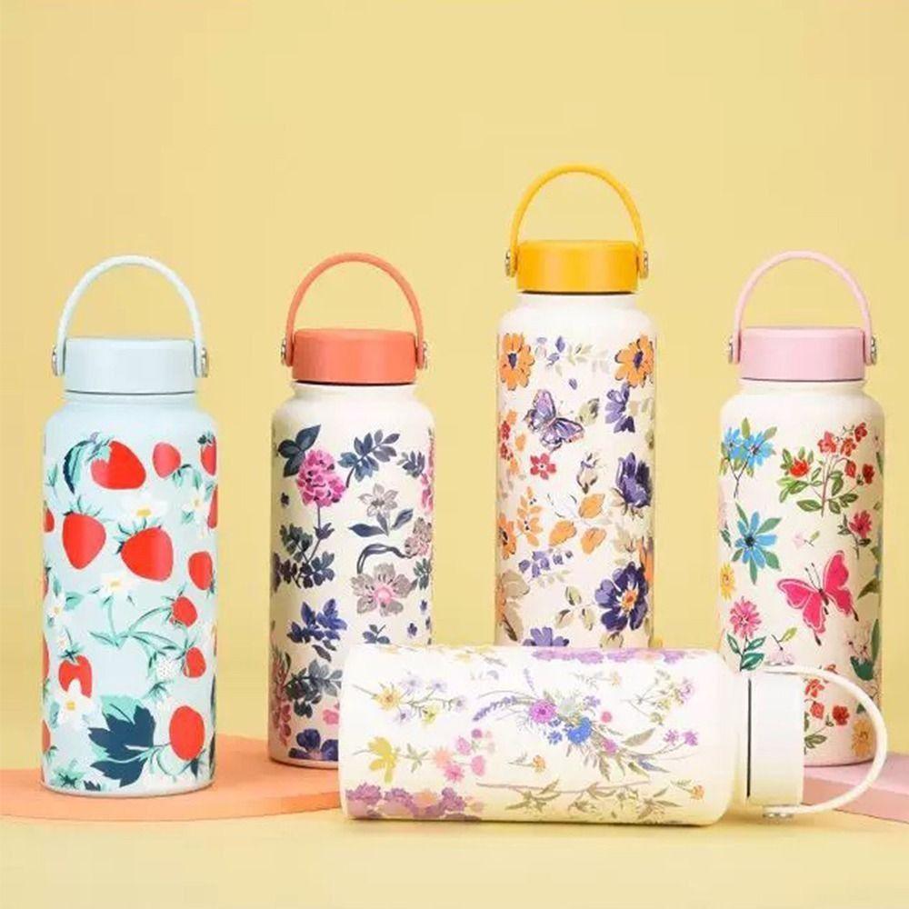 Creative Thermal Water Bottle Portable Stainless Steel Outdoor Insulated Mug Thickened Large Capacity Floral Insulated Bottle
