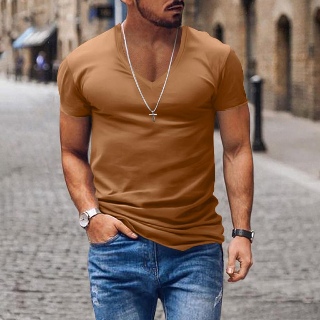 Men's Short Sleeve V-neck T-shirt Solid Color Casual T-shirt Short Sleeve