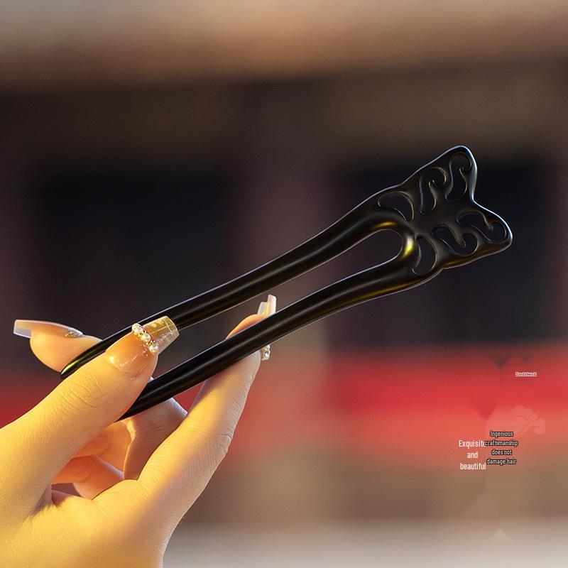 High-End Natural Ebony Wood Hairpin - Extended Chinese Ancient Style Black Hair Bun Accessory