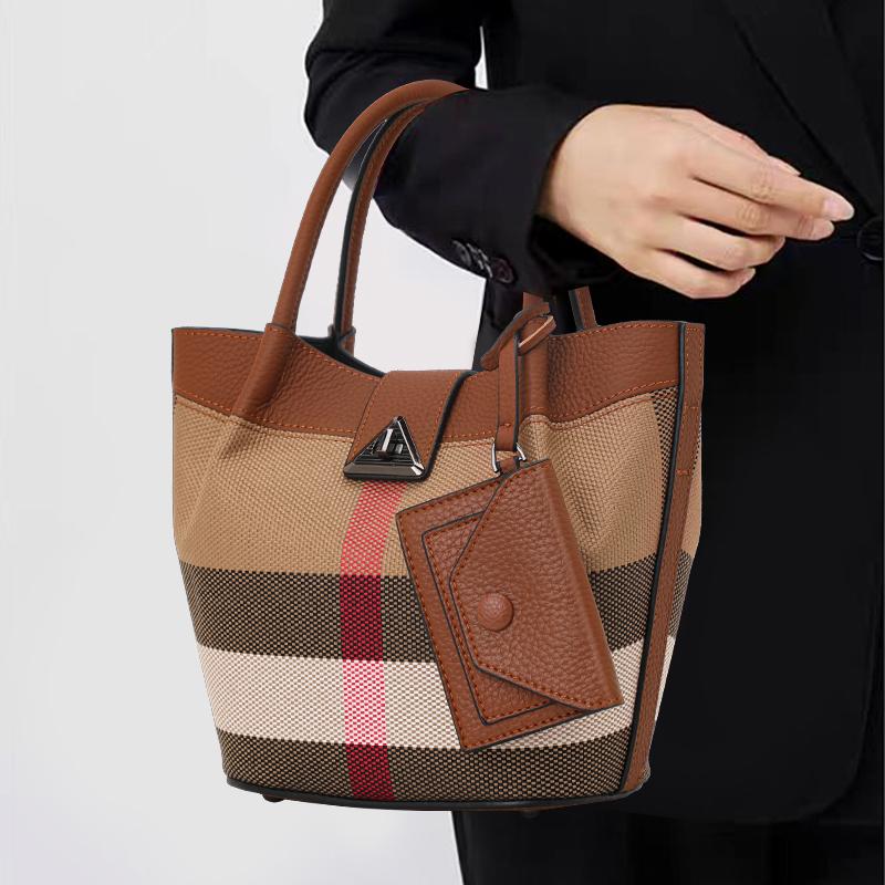 Aidrani Genuine Leather Canvas Bag Plaid Pattern Women's Handbag Fashion Design Cowhide Bag Basket Shaped Brown Color