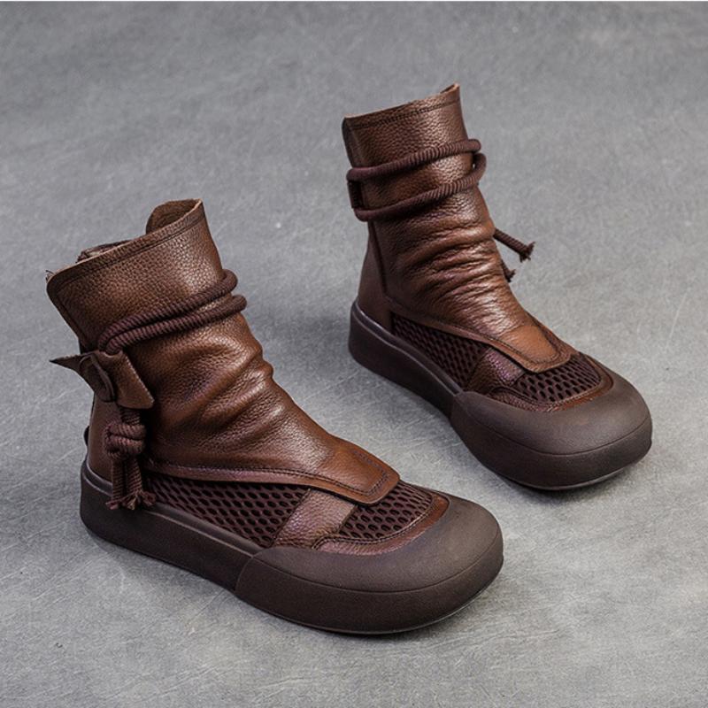 Johnature Hohle, atmungsaktive Retro-Sommerstiefel aus echtem Leder mit Reißverschluss hinten und römischen Sandalen mit dicker Sohle für Damen