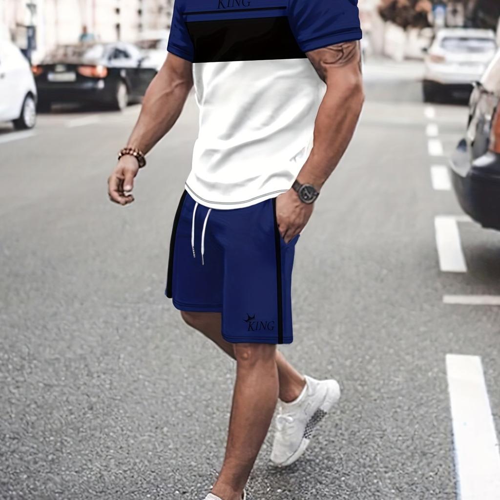 2Pcs Mens Color Block Loungewear Set - Casual Crew Neck T-Shirt & Drawstring Shorts for Summer, Stylish Comfortable Perfect for Vacation, Workout