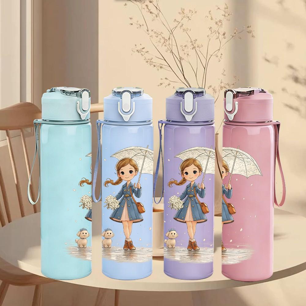 1PC Little Girl Hold Umbrella Vintage Print 750ml Color Plastic Sports Water Bottle Leakproof Flip Straw Lid Suitable for Sports Office Home Use