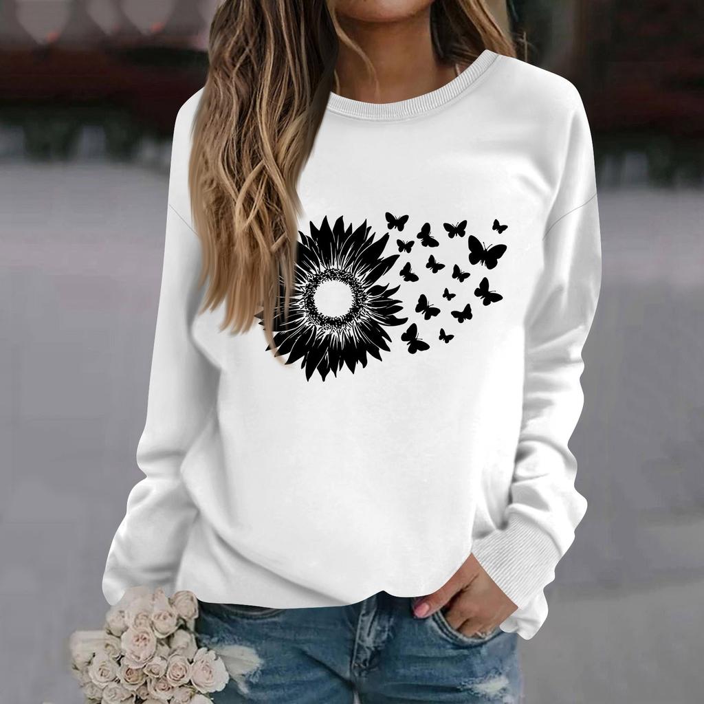 Women's Fashion Casual Long Sleeve Solid Color Printed Round Neck Top Sweatshirt