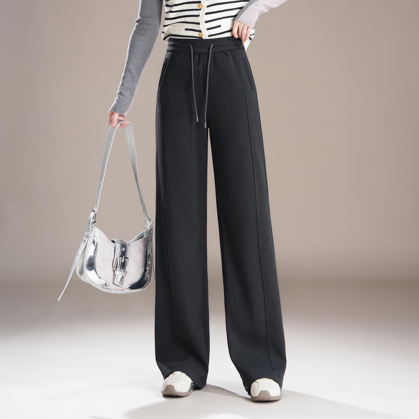 

2025 Autumn/Winter Women s Wool Wide-Leg Pants: High-Waisted, Slimming, Plus Velvet Warm Casual Cashmere Straight-Leg 27 черный серый