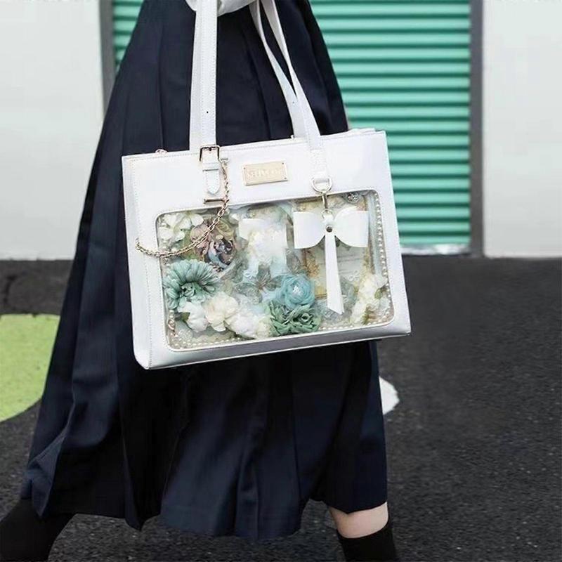 Japanese School Girl Cute Bowknot PU Leather Shoulder Bag Itabag Student Anime Clear Window Zippered Handbag for Women White