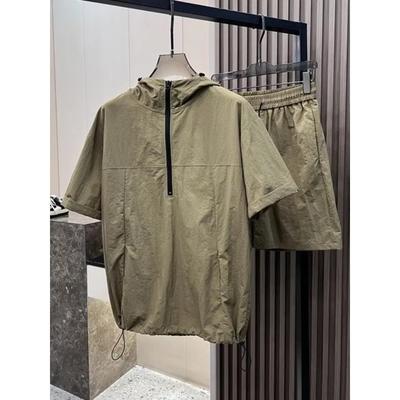 Summer Cargo Hooded Tracksuit Short Sleeve T-shirt Zipped and Shorts Outfits Quick Drying Solid Casual Outdoor Sport Clothes Set