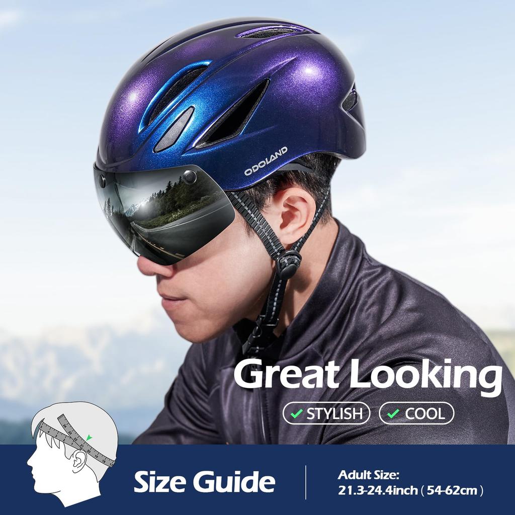Odoland Bicycle Helmet with Magnetic High Impact Ultra Chin Sun Adjustable Size for City and Road Bikes Goggles, ASTM/CE/CPSC Certified, Rigidity,