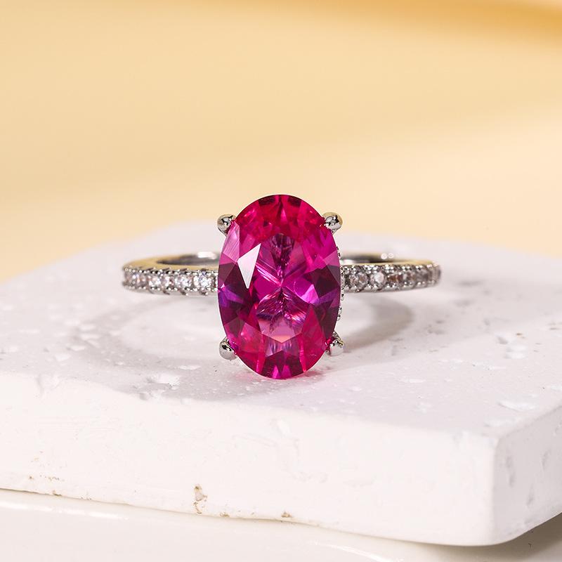 Jewelry Copper Bottom Gold-Plated Simulation Color Treasure Corundum Egg-Shaped Simple Finger Female 8 * 12