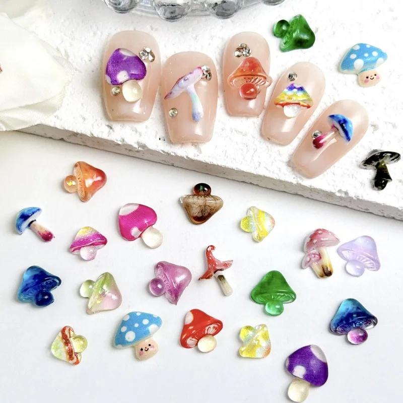 30/90pcs Dopamine Colored Adorable Mushroom Resin Nail Charms Colorful Dazzling Translucent Nail Art Decorations DIY Nails Ins