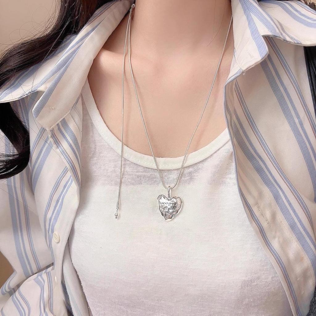 Women's High-End Silver Heart & Star Pendant Necklace - Versatile Long Sweater Chain