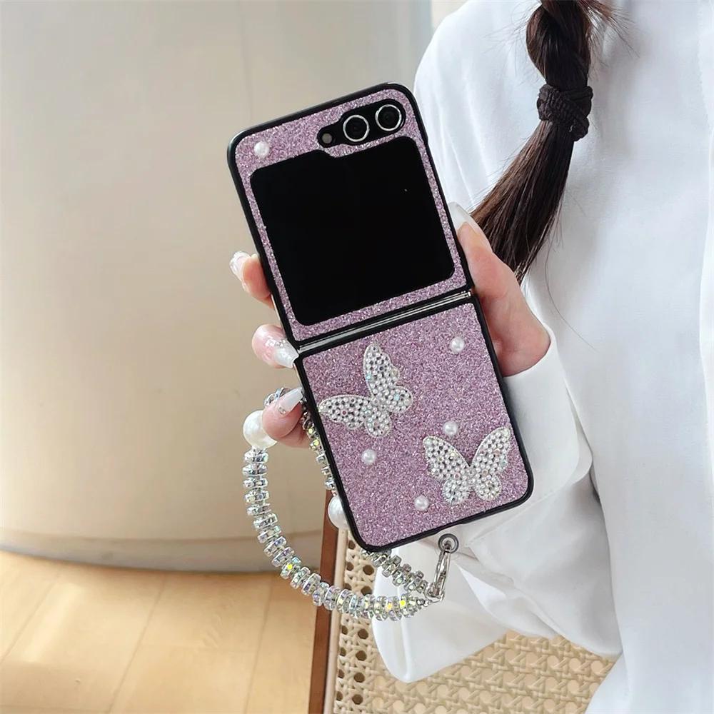 Luxury Bling Glitter 3D Butterfly Bracelet Phone Case For Samsung Galaxy Z Flip 6 5 4 3 Flip5 Flip4 Flip3 5G Wrist Chain Cover