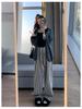 Striped Woolen Drawstring Wide-Leg Pants for Women – High Waist Black & White, Petite 150, XS, Autumn/Winter Casual.