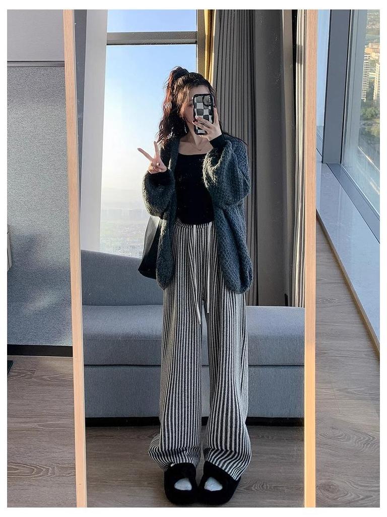 Striped Woolen Drawstring Wide-Leg Pants for Women – High Waist Black & White, Petite 150, XS, Autumn/Winter Casual.