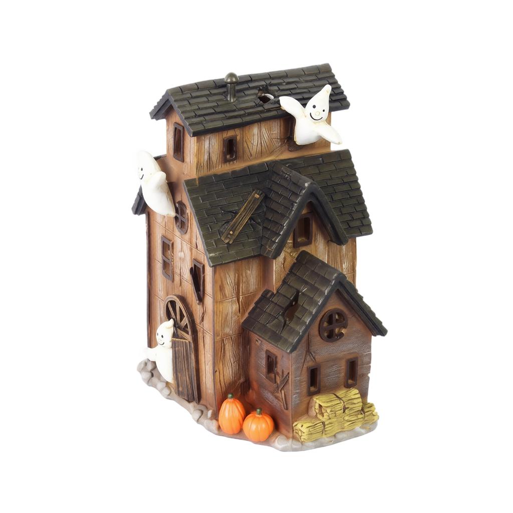 Halloween Haunted House Lighted Decoration with Ghost Figures and Pumpkin Accents Battery Operated Indoor Tabletop Display for Seasonal Party
