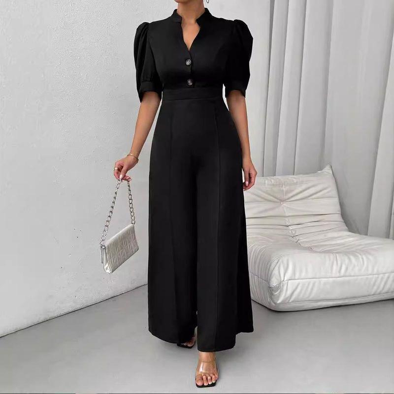Elegant V-neck European and American Jumpsuit Women clothes Waist Hugging Short sleeve Wide Leg Pants Jumpsuit Women
